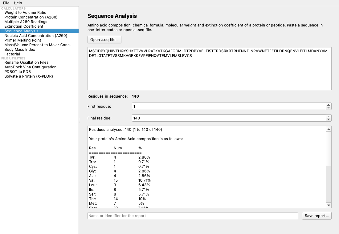 ProtMate desktop application analysing a protein sequence, showing composition, molecular weight and extinction coefficient