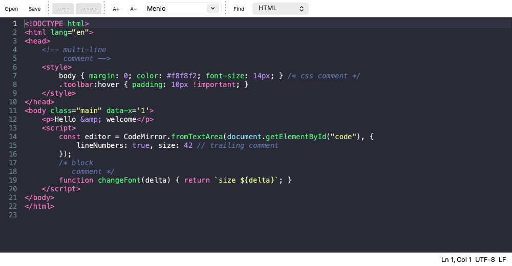 TextEditor+ editing an HTML file with syntax highlighting in the dark Dracula theme
